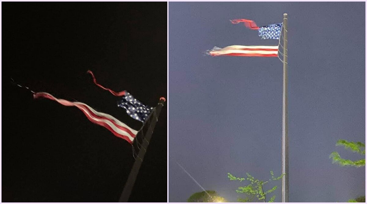 美国国旗被雷劈图片